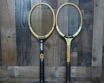 Vintage Pair Wood Tennis Rackets, Wood rackets, leather hand grips, Great Condition, Nice Colors, Circa 1960's
