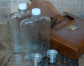 Vintage Whiskey Flask And leather Pouch, Vintage Glass Bourbon Flask, Back Pocket, Vest Whiskey Flask