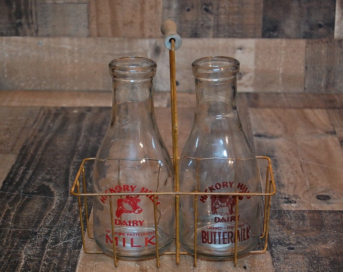 Vintage Old Style Milk Bottles and Metal Crate, Vintage Hickory Hills