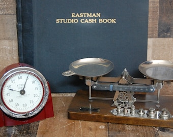 Vintage Eastman Kodak Photography Studio Scale, Kodak Timer and Kodak Cash Book,  scale weight set, scale and timer in working condition