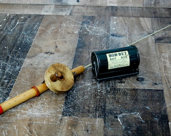 Vintage custom hand made Ice Fishing Rod and Reel from the 1950's, includes metal bait box, unique Folk Art wood and leather FREE SHIPPING