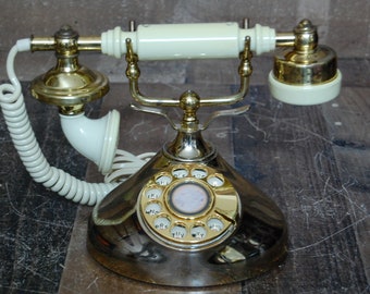 Vintage Princess Rotary Phone, vintage table phone, vintage gold base phone, ivory and gold table phone, great patina, Free Shipping to US