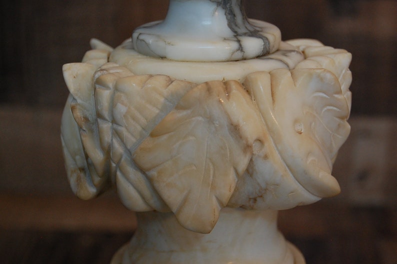 Vintage Alabaster Marble Lamp works well Neo-classical design White Italian Alabaster Lamp with Grey Veins flower petal cut marble design
