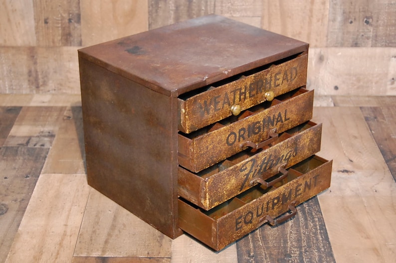 original finish Vintage Weatherhead Original Fittings Equipment metal counter top storage display box fully functional with compartments