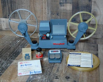 Vintage Film Editor, Mansfield 650 8mm editor with 8mm film splicer in original box, bottle of film glue, excellent restored FREE SHIPPING