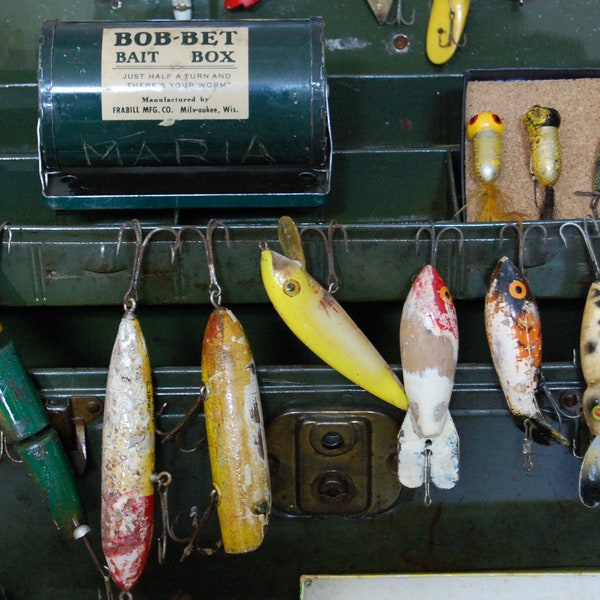 Vintage Green Metal Fishing Tackle Box filled with vintage fishing lures, Fred Arborcast, Heddon, Garrett, vintage wood lures with glass eye