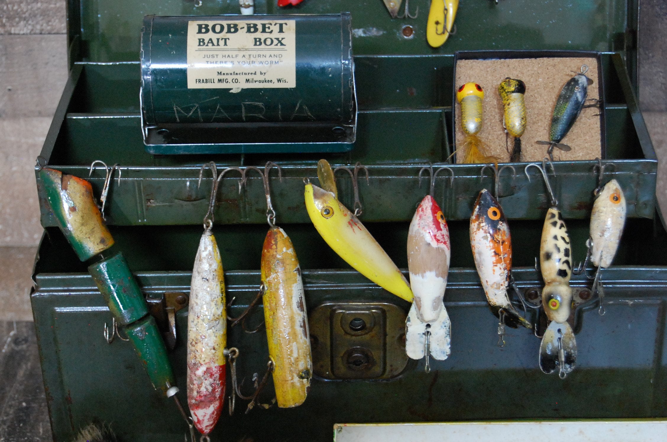 Vintage Green Metal Fishing Tackle Box Filled With Vintage Fishing