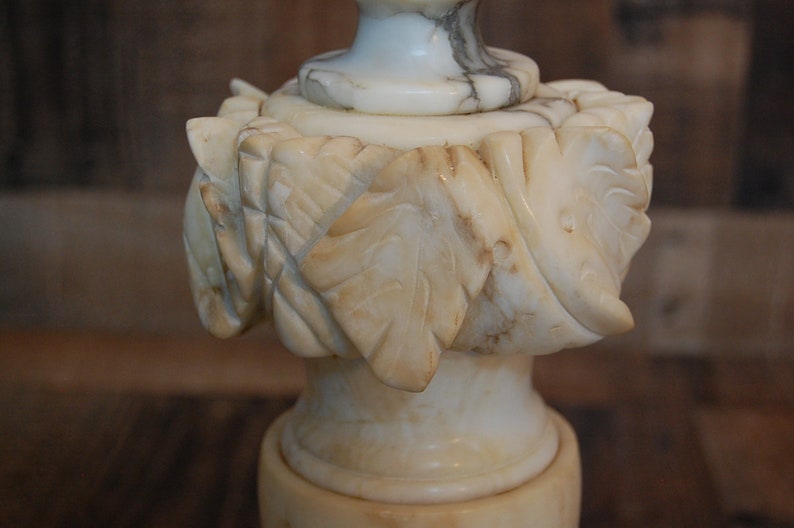 Vintage Alabaster Marble Lamp works well Neo-classical design White Italian Alabaster Lamp with Grey Veins flower petal cut marble design
