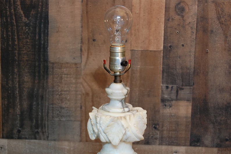 Vintage Alabaster Marble Lamp works well Neo-classical design White Italian Alabaster Lamp with Grey Veins flower petal cut marble design