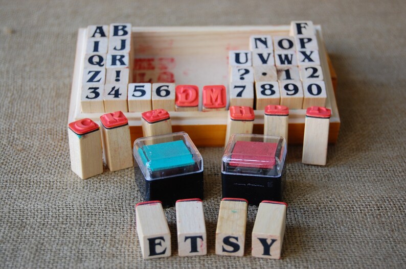 Vintage Wood Block Rubber Stamps, Letters and Numbers, Wood Storage Box ...
