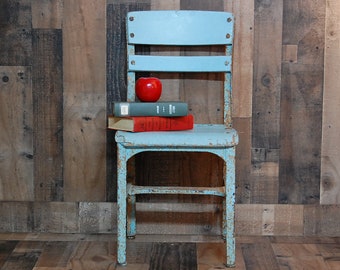 Vintage Childs Chair, vintage blue school chair, metal and wood 1940's school house childs chair, farmhouse chair, industrial chair, nice