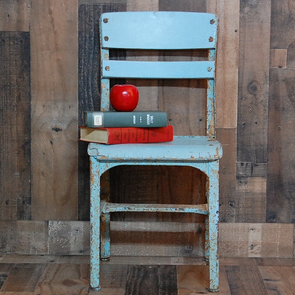 Vintage Childs Chair, vintage blue school chair, metal and wood 1940's school house childs chair, farmhouse chair, industrial chair, nice