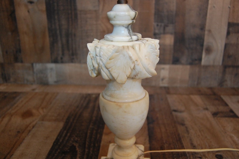 Vintage Alabaster Marble Lamp works well Neo-classical design White Italian Alabaster Lamp with Grey Veins flower petal cut marble design