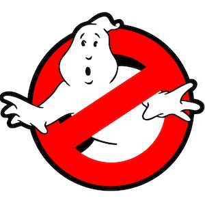 May include: A white cartoon ghost with surprised expression, inside a red circle with a red slash through it. The ghost has black eyes and a black mouth. The image is a logo for the Ghostbusters franchise.