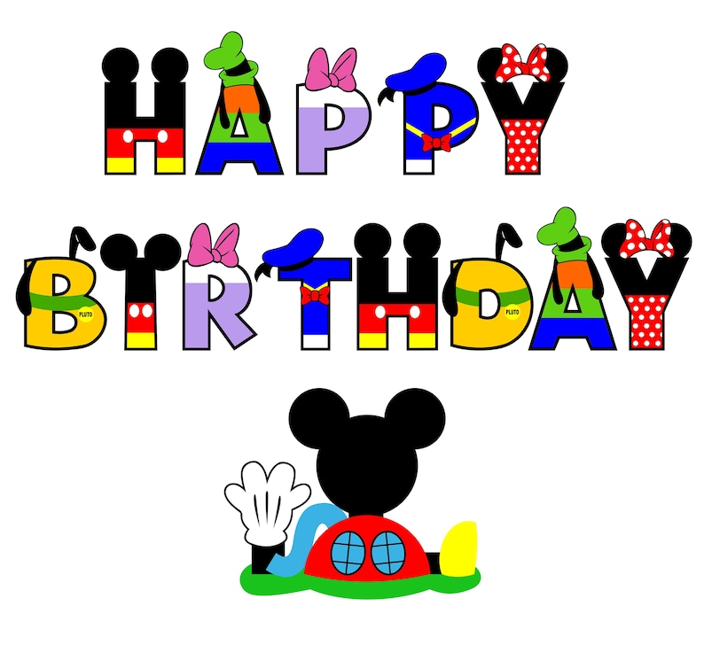 Puede incluir: Pancarta de Feliz Cumplea&ntilde;os con los personajes de Mickey Mouse y sus amigos. Las letras son de diferentes colores y cada personaje lleva un disfraz diferente. Mickey Mouse est&aacute; en la parte inferior de la imagen.