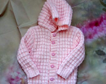 Hand Knitted Baby Girl Wool,light pink, children's knitted vest with a hood and a pom pom,a knitted baby jacket,baby hand-knit cardigan,