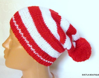 Child Slouchy Hat, With Pompon for a Boy or Girl, Hat in Red and White Christmas hat, Holiday hat, Winter Warm Hat