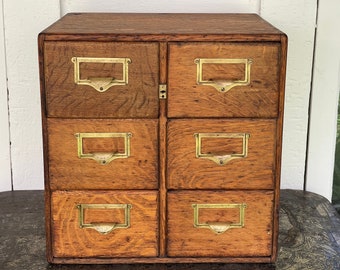 card catalog ~ library card catalog with 6 drawers ~ antique oak card catalog ~ dovetailed case & drawers ~ brass pulls ~ wood card catalog