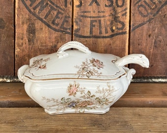 ironstone sauce tureen ~ 1880-1896 ~ John Maddock & Sons ironstone dish with lid ~ little ironstone covered dish ~ farmhouse antiques