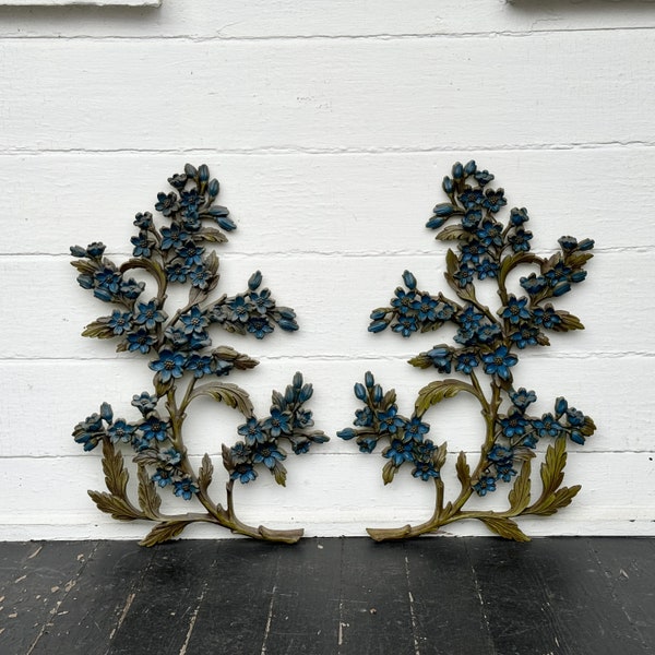 1960s Syroco wall plaques ~ rare blue & green color ~ 2 matching MCM dogwood flower wall hangings ~ rare color ~ MCM wall hangings