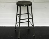 factory stool heavy duty metal stool industrial stool shop stool worn dark green stool industrial antiques