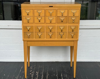 library card catalog ~ Gaylord Brothers MCM 20 drawer library wood cabinet with finished top, sides & base ~ in 4 pieces ~ wood card catalog