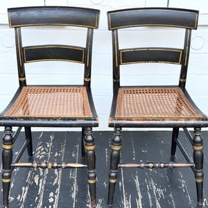 antique chairs ~ 1800s Hitchcock wood chairs with cane seats ~ hand painted & stenciled ~ 2 American cane bottom chairs ~ farmhouse antiques