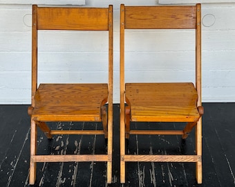 2 oak folding chairs ~ Snyder Chair Co ~ wood folding chairs ~ authentic worn wooden folding chairs ~ vintage folding chairs ~ F