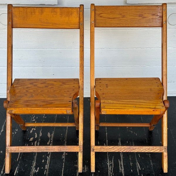 2 oak folding chairs ~ Snyder Chair Co ~ wood folding chairs ~ authentic worn wooden folding chairs ~ vintage folding chairs ~ F