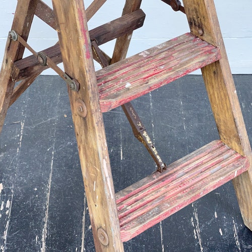 Wood step ladder ~ wooden stool with paint drips ~ stepstool order with worn red paint on the steps ~ authentic worn stool ~ vintage farmhouse