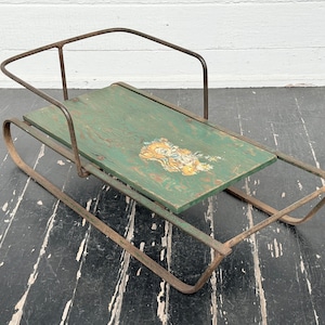 antique sled ~ unusual piece, one of a kind ~ green with teddy bear ~ handmade wood sled with iron hand rail & runners ~ farmhouse antiques