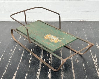 antique sled ~ unusual piece, one of a kind ~ green with teddy bear ~ handmade wood sled with iron hand rail & runners ~ farmhouse antiques