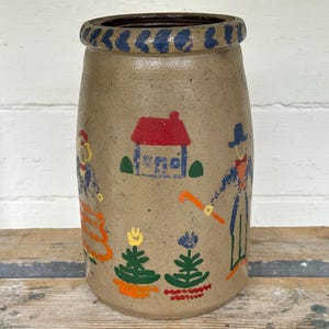crock ~ antique folk art crock ~ salt glazed crock ~ authentic 1800s crock ~ primitive antiques ~ canning crock ~ vase ~ farmhouse antiques