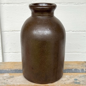 early crock ~ farmhouse vase ~ 9&quot; antique crock with Albany Slip Glaze ~ stoneware crock ~ handmade crock ~ farmhouse antiques