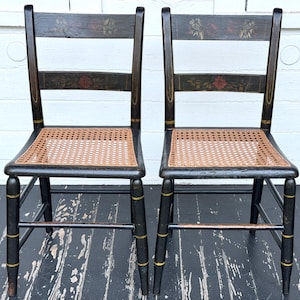 antique chairs ~ 1800s wood chairs with cane seats ~ hand painted & stenciled ~ 2 American Hitchcock cane bottom chairs ~ farmhouse antiques