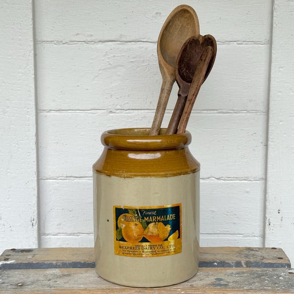 rare crock ~ 1 gallon antique marmalade crock ~ orange marmalade stoneware crock ~ utensil crock ~ farmhouse antiques