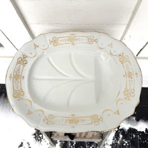 ironstone meat platter with drip tray ~ 20&quot; platter ~ huge antique white ironstone platter with worn gilt design ~ farmhouse antiques