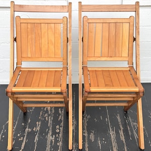 2 wood folding chairs ~ unusual backward folding design ~ authentic early matching pair ~ original finish ~ farmhouse antiques
