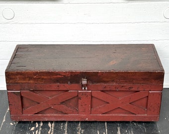 wood trunk ~ antique wood tool chest with casters on the bottom ~ wood toolbox ~ wood storage chest ~ tool chest ~ farmhouse antiques