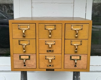 card catalog ~ library card catalog with 9 drawers ~ made by Gaylord Brothers, Inc ~ wood library cabinet with finished top, sides & back