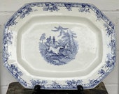 antique staffordshire ironstone platter blue transferware horse hunt platter ironstone tray 1800s staffordshire farmhouse antiques