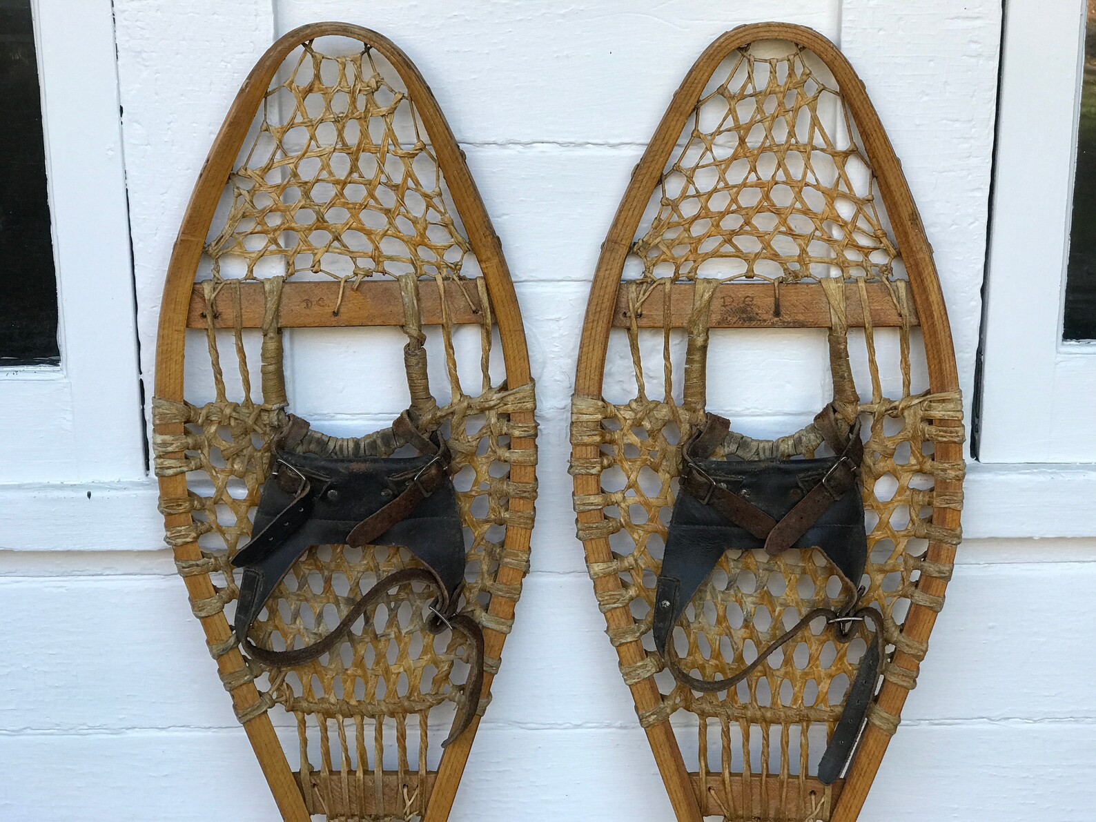 Snow shoes with worn leather bindings wood snowshoes with Etsy