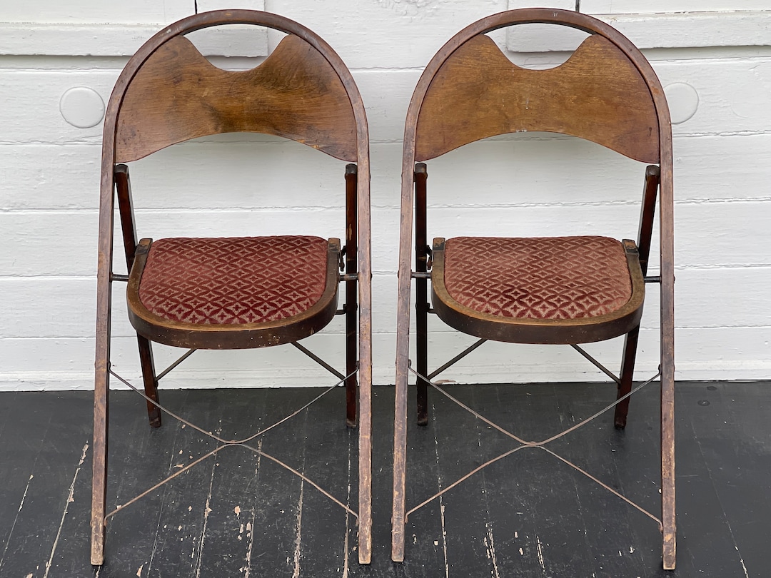 2 Antique Wood Folding Chairs Solid Kumfort by Louis Rastetter & Sons Matching Pair in Original