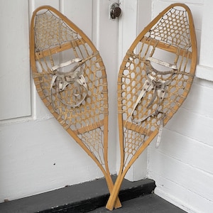 snowshoes with worn leather bindings ~ 41&quot; wood snow shoes with rawhide lacing ~ snowshoes to hang ~ vintage wooden snowshoes