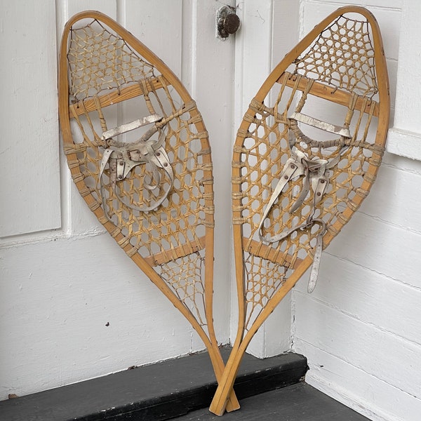 snowshoes with worn leather bindings ~ 41" wood snow shoes with rawhide lacing ~ snowshoes to hang ~ vintage wooden snowshoes