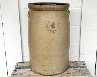antique crock ~ 4 gallon crock with handles ~ 1800s handmade 4 gallon crock with large hairline ~ pickling crock ~ farmhouse antique