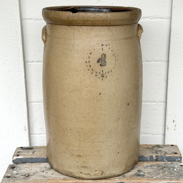 antique crock ~ 4 gallon crock with handles ~ 1800s handmade 4 gallon crock with large hairline ~ pickling crock ~ farmhouse antique