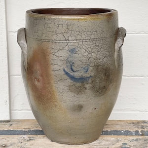 antique stoneware ~ 1800s salt glazed crock ~ antique 11&quot; ovoid crock ~ good color, nice shape, many flaws ~ farmhouse antiques