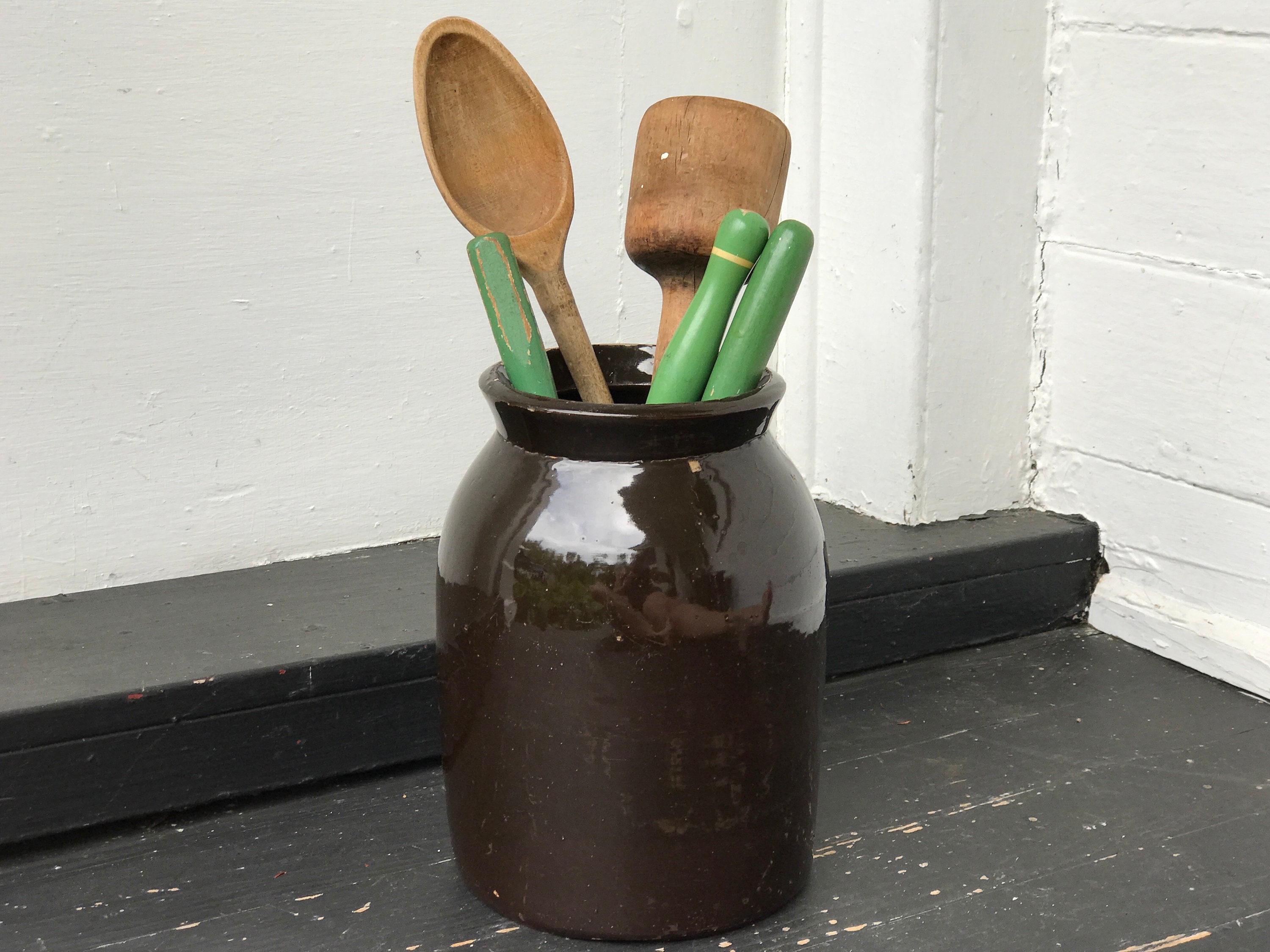 antique crock 9 utensil crock stoneware crock Etsy