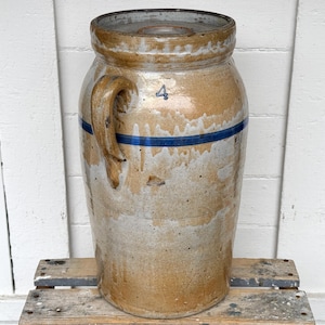 antique crock with handle & lids ~ primitive 4 gallon butter churn crock both wood/stoneware lids ~salt glazed stoneware~ farmhouse antiques